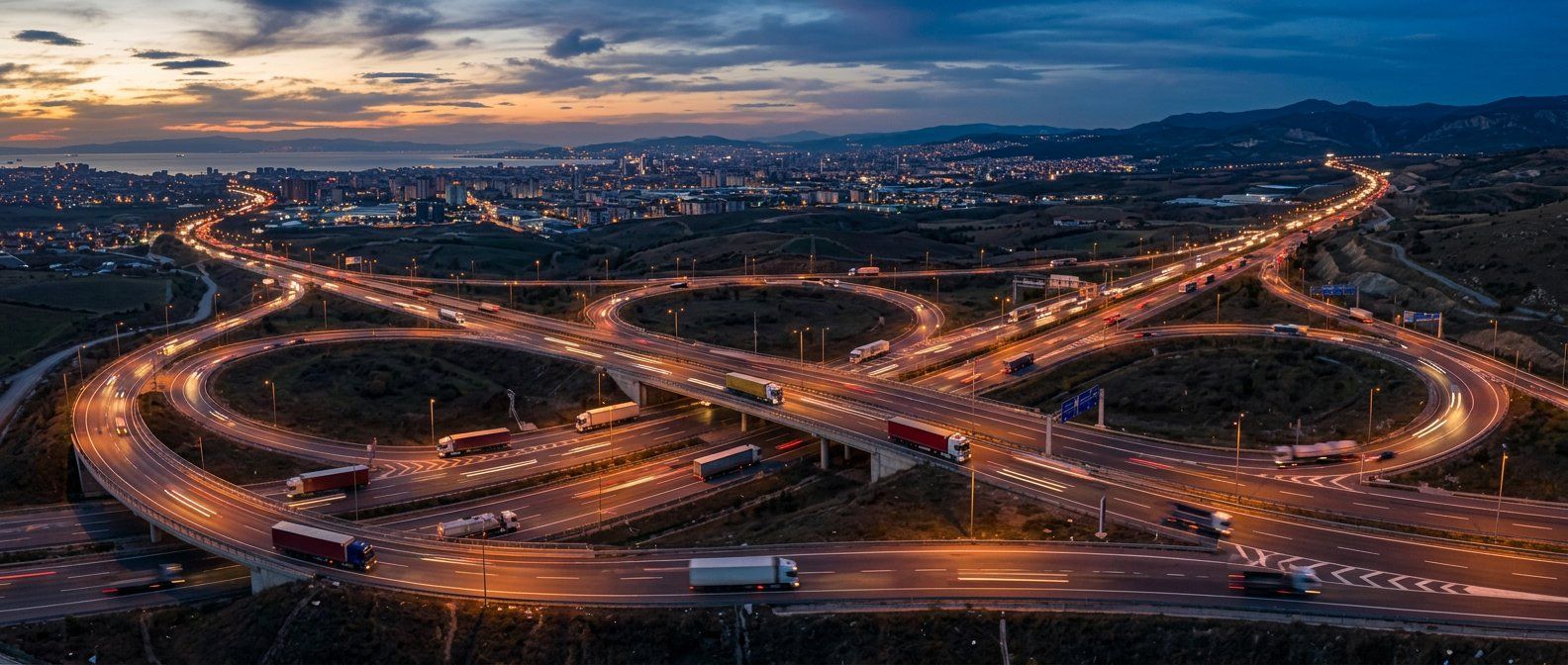 Şehirler arası nakliyat güzergâhı otoyol kavşağı kuş bakışı